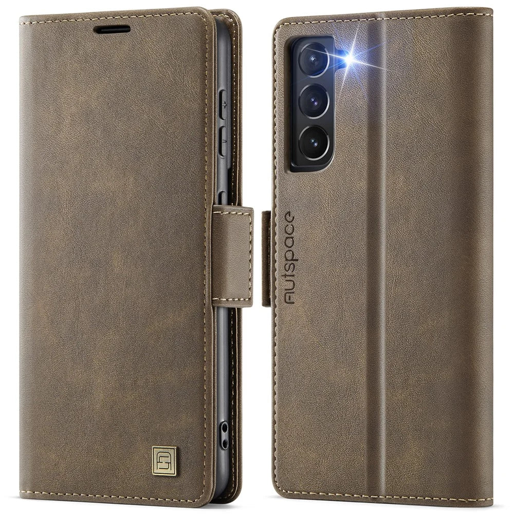AUTSPACE For Samsung Galaxy S22+ 5G Case  A11 RFID Blocking Retro Leather Cell Phone Wallet Cover - Brown - 1