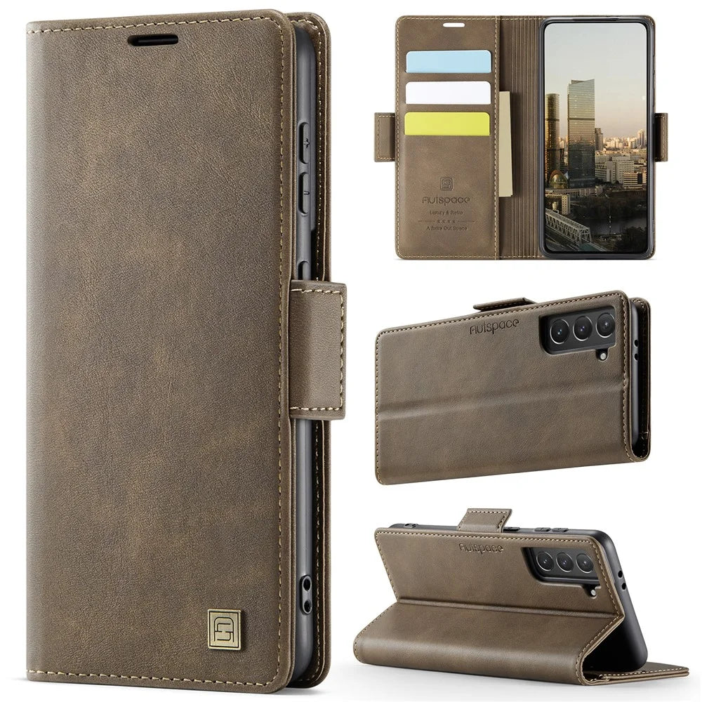 AUTSPACE For Samsung Galaxy S22+ 5G Case  A11 RFID Blocking Retro Leather Cell Phone Wallet Cover - Brown - 2