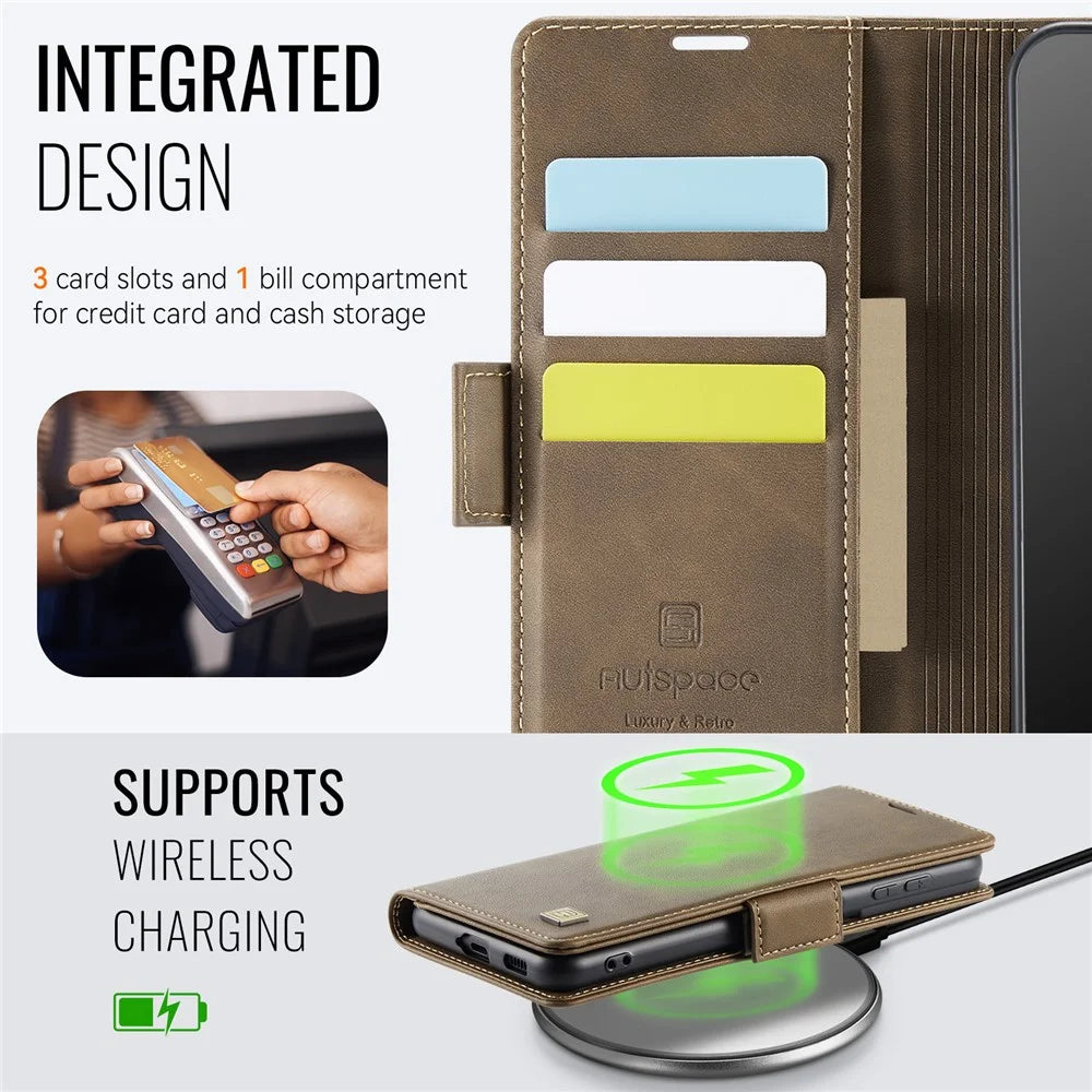 AUTSPACE For Samsung Galaxy S22+ 5G Case  A11 RFID Blocking Retro Leather Cell Phone Wallet Cover - Brown - 4