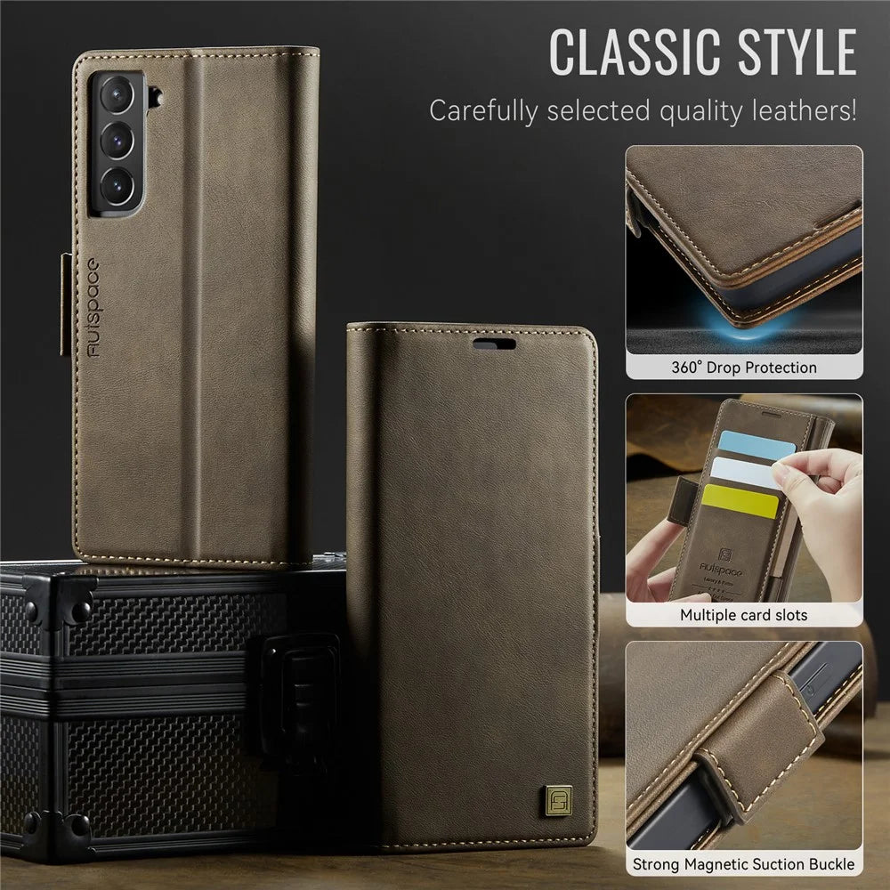 AUTSPACE For Samsung Galaxy S22+ 5G Case  A11 RFID Blocking Retro Leather Cell Phone Wallet Cover - Brown - 7