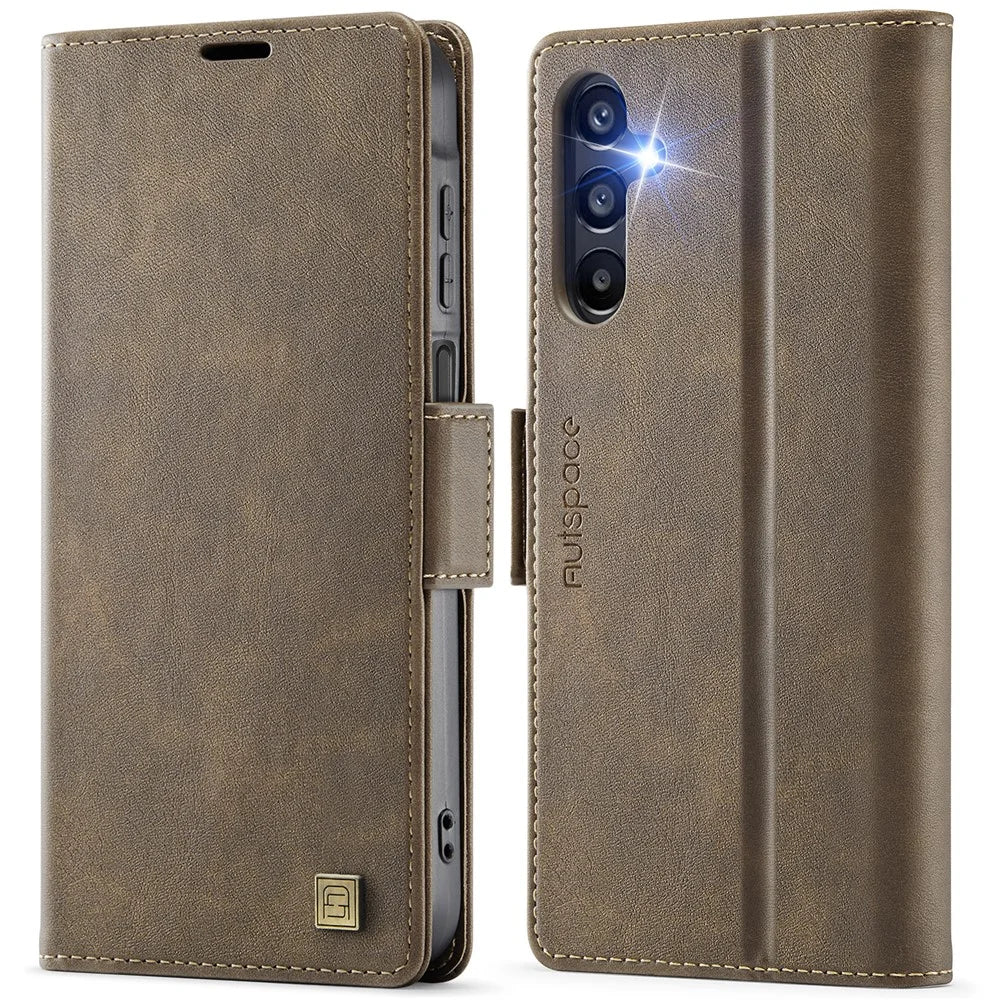 AUTSPACE For Samsung Galaxy A16 5G Case  A11 RFID Blocking Retro Leather Cell Phone Wallet Cover - Brown - 1