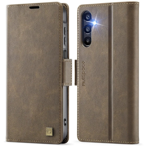 AUTSPACE For Samsung Galaxy A16 5G Case  A11 RFID Blocking Retro Leather Cell Phone Wallet Cover - Brown - 1