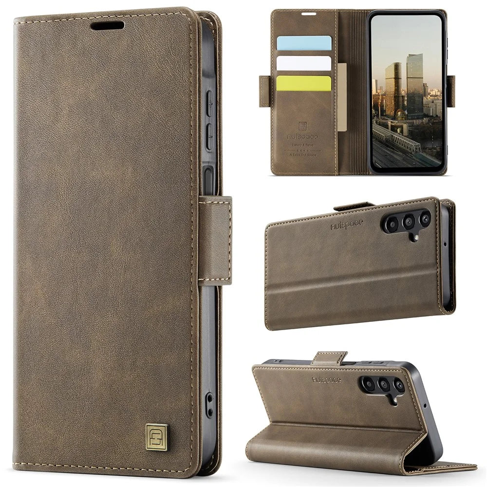 AUTSPACE For Samsung Galaxy A16 5G Case  A11 RFID Blocking Retro Leather Cell Phone Wallet Cover - Brown - 2