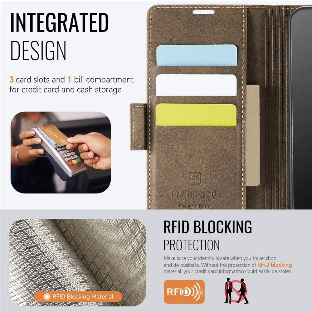 AUTSPACE For Samsung Galaxy A16 5G Case  A11 RFID Blocking Retro Leather Cell Phone Wallet Cover - Brown - 4