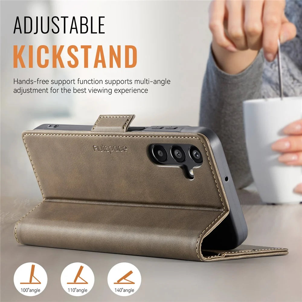 AUTSPACE For Samsung Galaxy A16 5G Case  A11 RFID Blocking Retro Leather Cell Phone Wallet Cover - Brown - 5