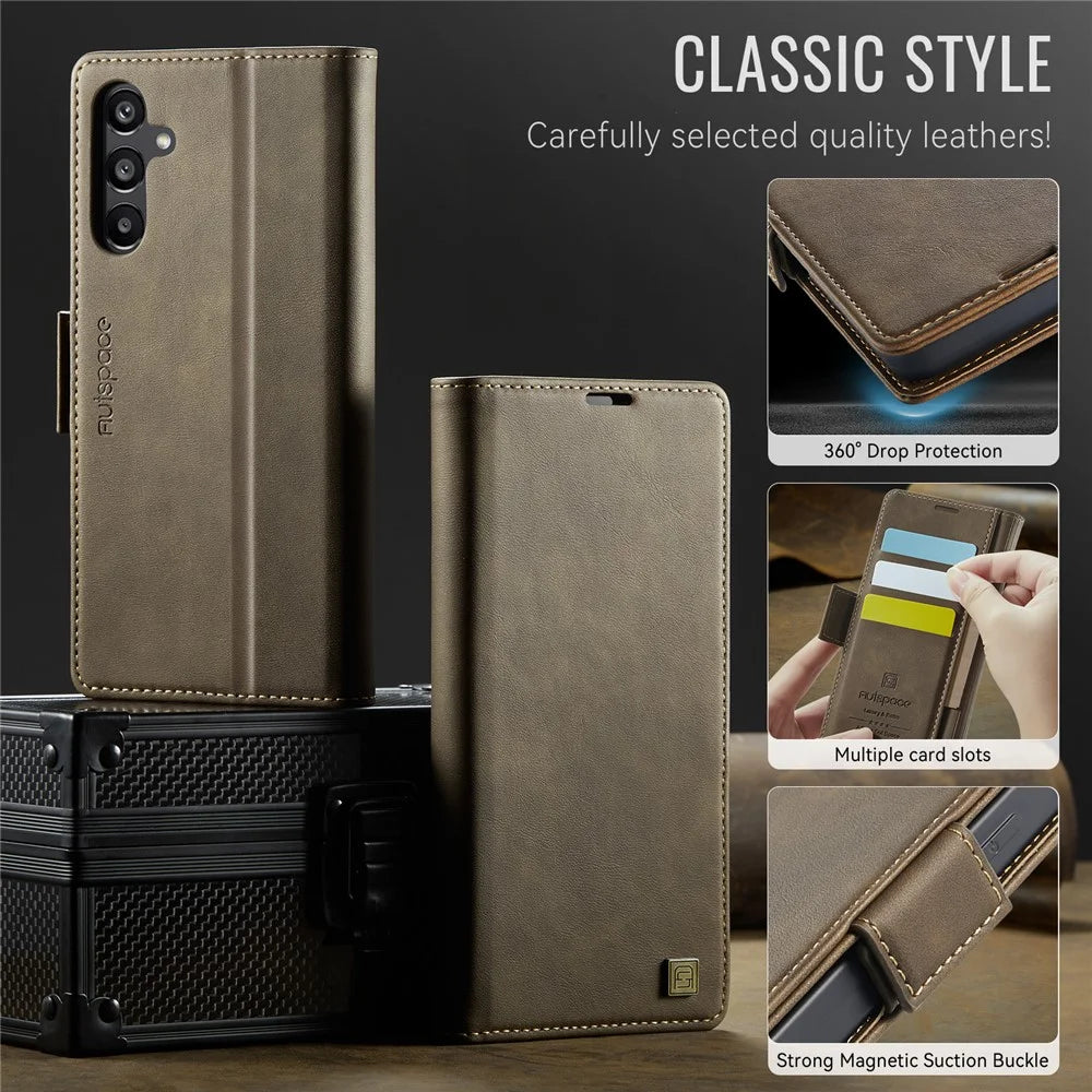 AUTSPACE For Samsung Galaxy A16 5G Case  A11 RFID Blocking Retro Leather Cell Phone Wallet Cover - Brown - 7