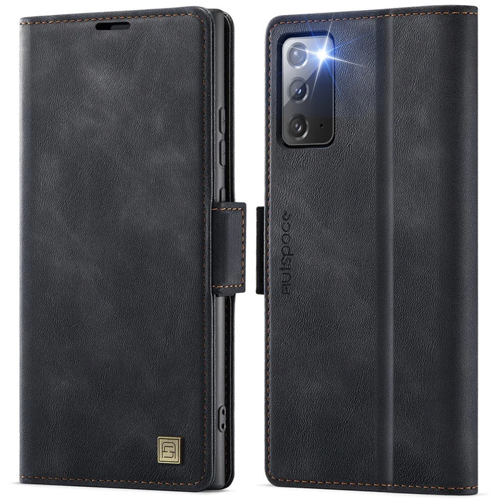 AUTSPACE For Samsung Galaxy Note20 5G Case  A11 RFID Blocking Retro Leather Cell Phone Wallet Cover - Black - 1