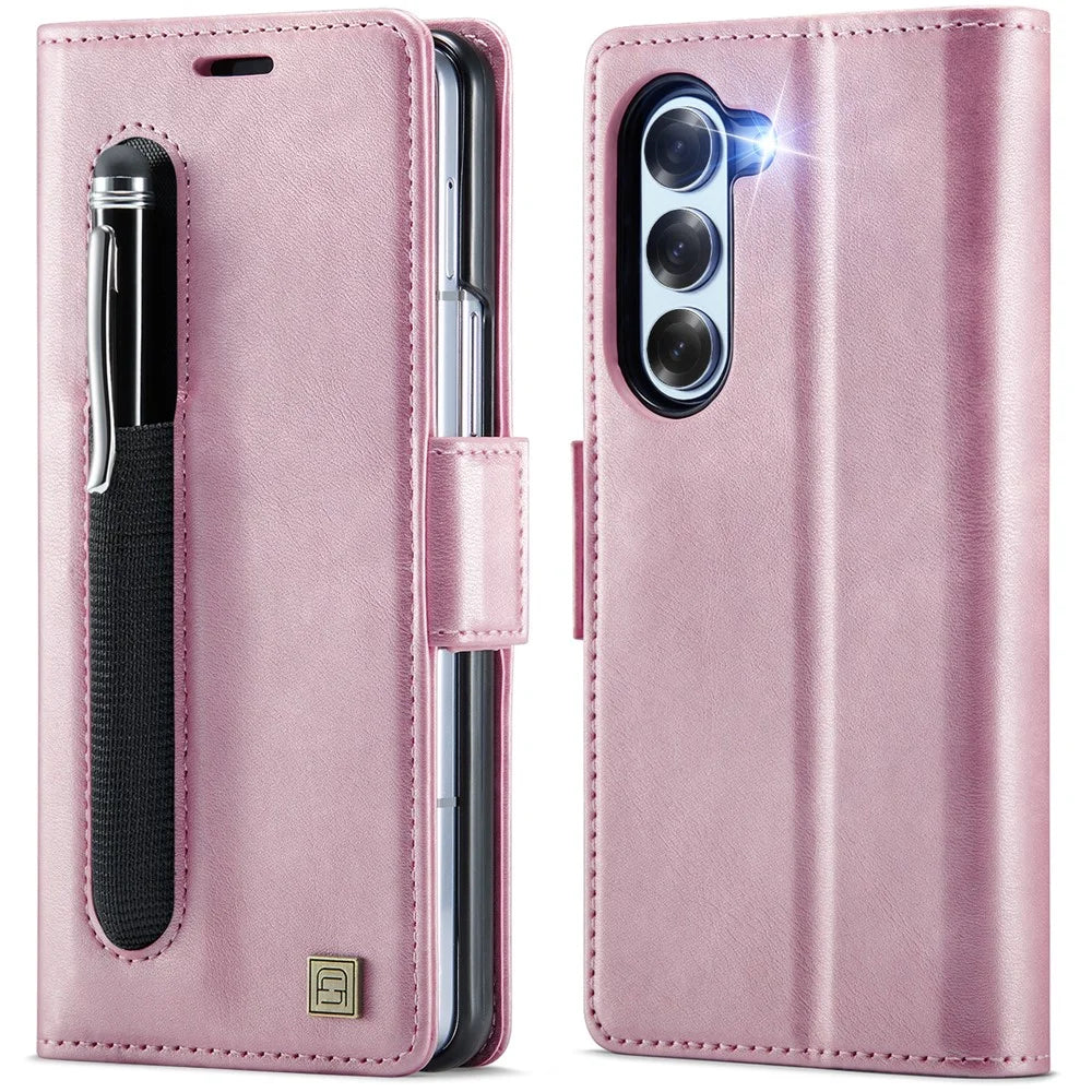 AUTSPACE For Samsung Galaxy Z Fold5 5G Case  A11 RFID Blocking Retro Leather Cell Phone Wallet Cover - Pink - 1