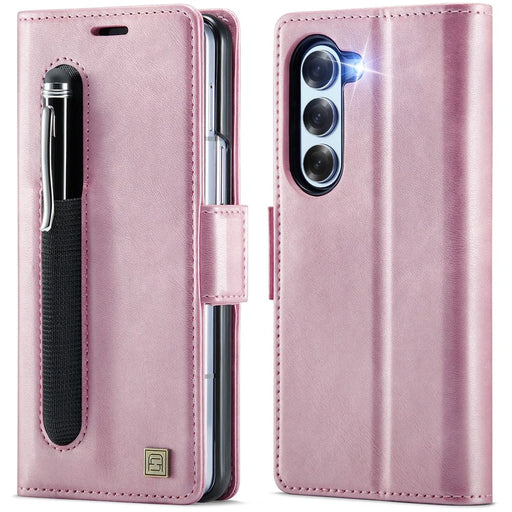 AUTSPACE For Samsung Galaxy Z Fold5 5G Case  A11 RFID Blocking Retro Leather Cell Phone Wallet Cover - Pink - 1