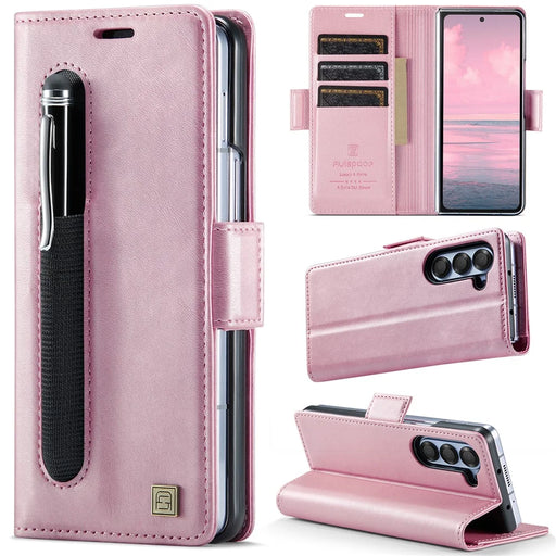 AUTSPACE For Samsung Galaxy Z Fold5 5G Case  A11 RFID Blocking Retro Leather Cell Phone Wallet Cover - Pink - 2