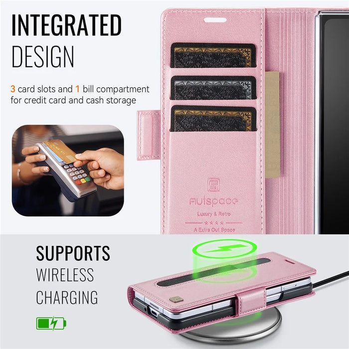 AUTSPACE For Samsung Galaxy Z Fold5 5G Case  A11 RFID Blocking Retro Leather Cell Phone Wallet Cover - Pink - 4