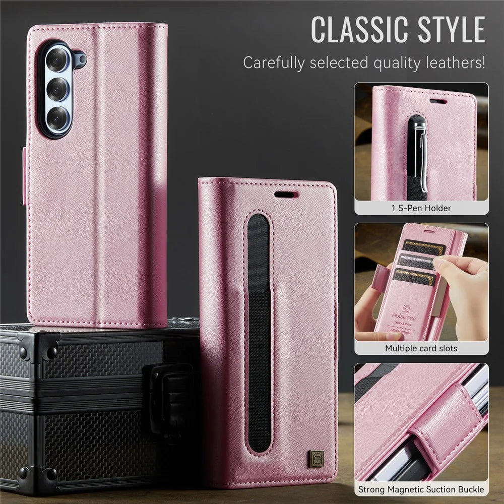 AUTSPACE For Samsung Galaxy Z Fold5 5G Case  A11 RFID Blocking Retro Leather Cell Phone Wallet Cover - Pink - 7