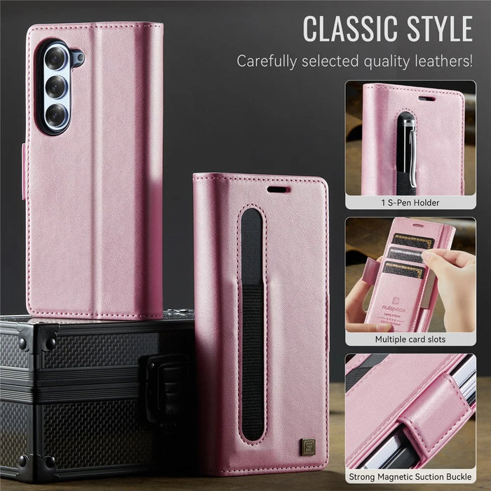 AUTSPACE For Samsung Galaxy Z Fold5 5G Case  A11 RFID Blocking Retro Leather Cell Phone Wallet Cover - Pink - 7