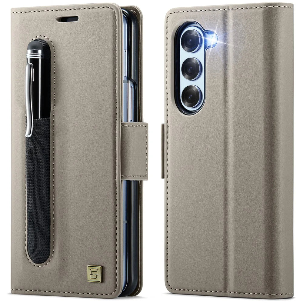AUTSPACE For Samsung Galaxy Z Fold6 5G Case  A11 RFID Blocking Retro Leather Cell Phone Wallet Cover - Grey - 1