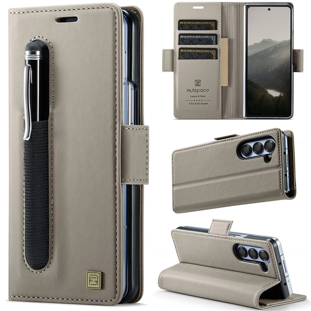 AUTSPACE For Samsung Galaxy Z Fold6 5G Case  A11 RFID Blocking Retro Leather Cell Phone Wallet Cover - Grey - 2