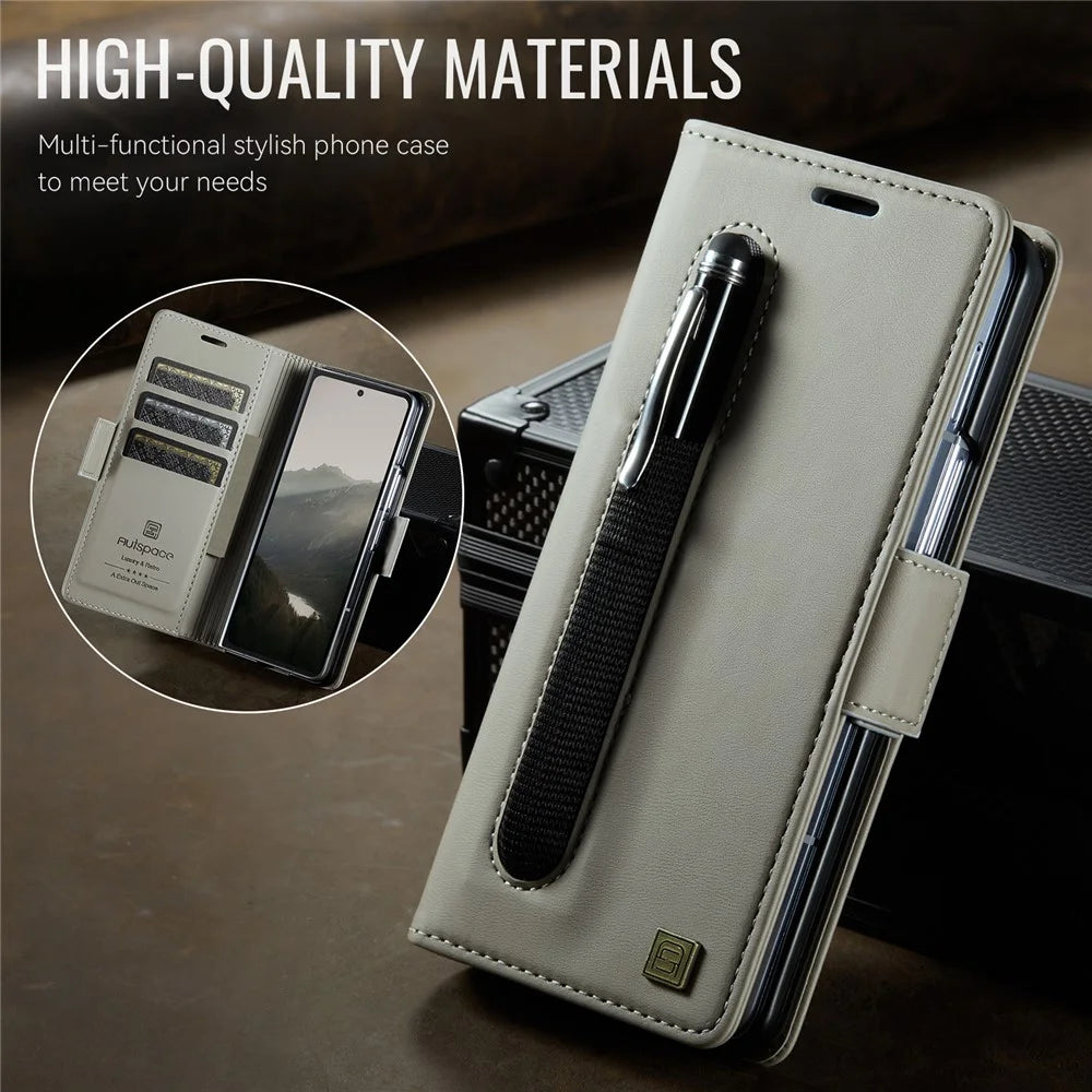 AUTSPACE For Samsung Galaxy Z Fold6 5G Case  A11 RFID Blocking Retro Leather Cell Phone Wallet Cover - Grey - 3