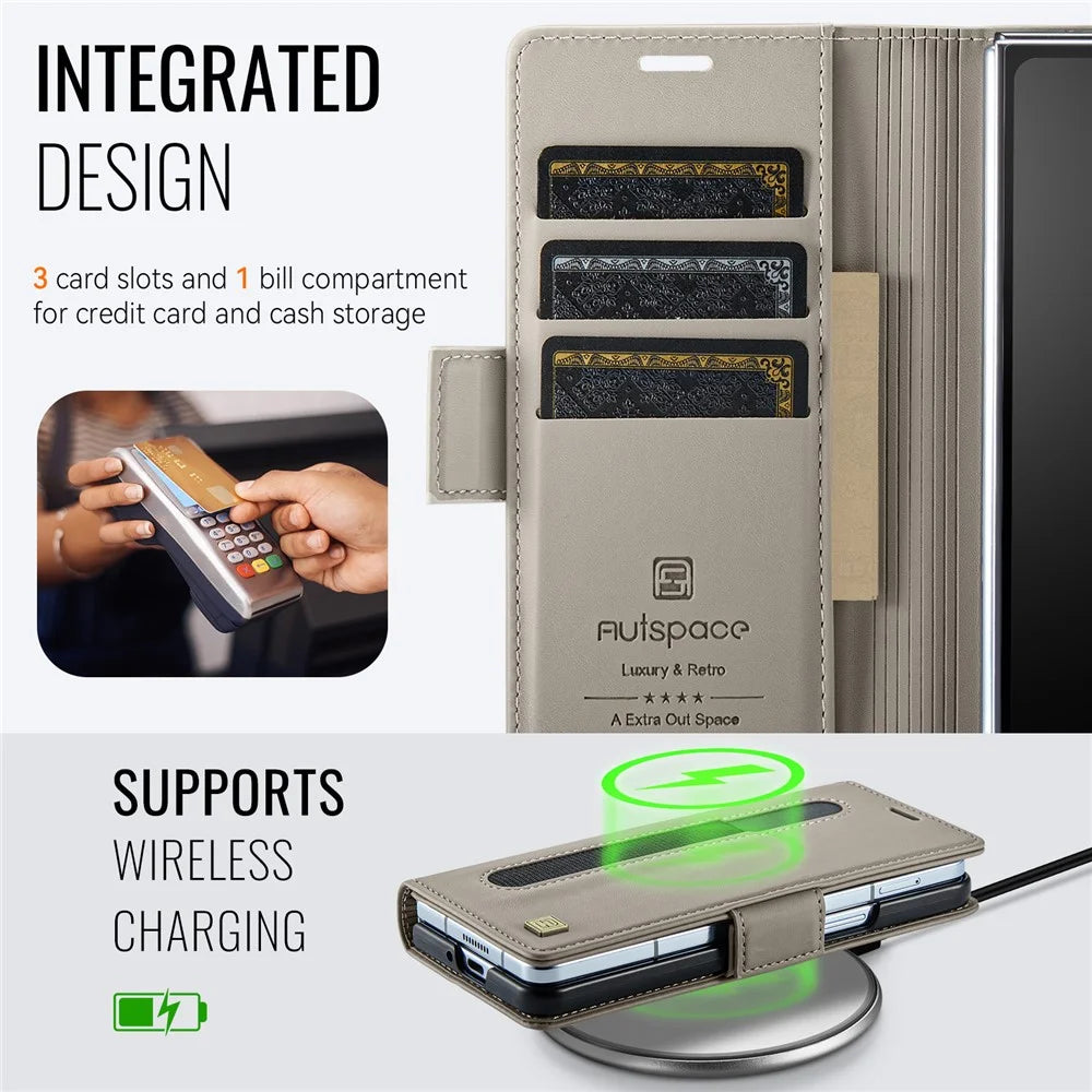 AUTSPACE For Samsung Galaxy Z Fold6 5G Case  A11 RFID Blocking Retro Leather Cell Phone Wallet Cover - Grey - 4
