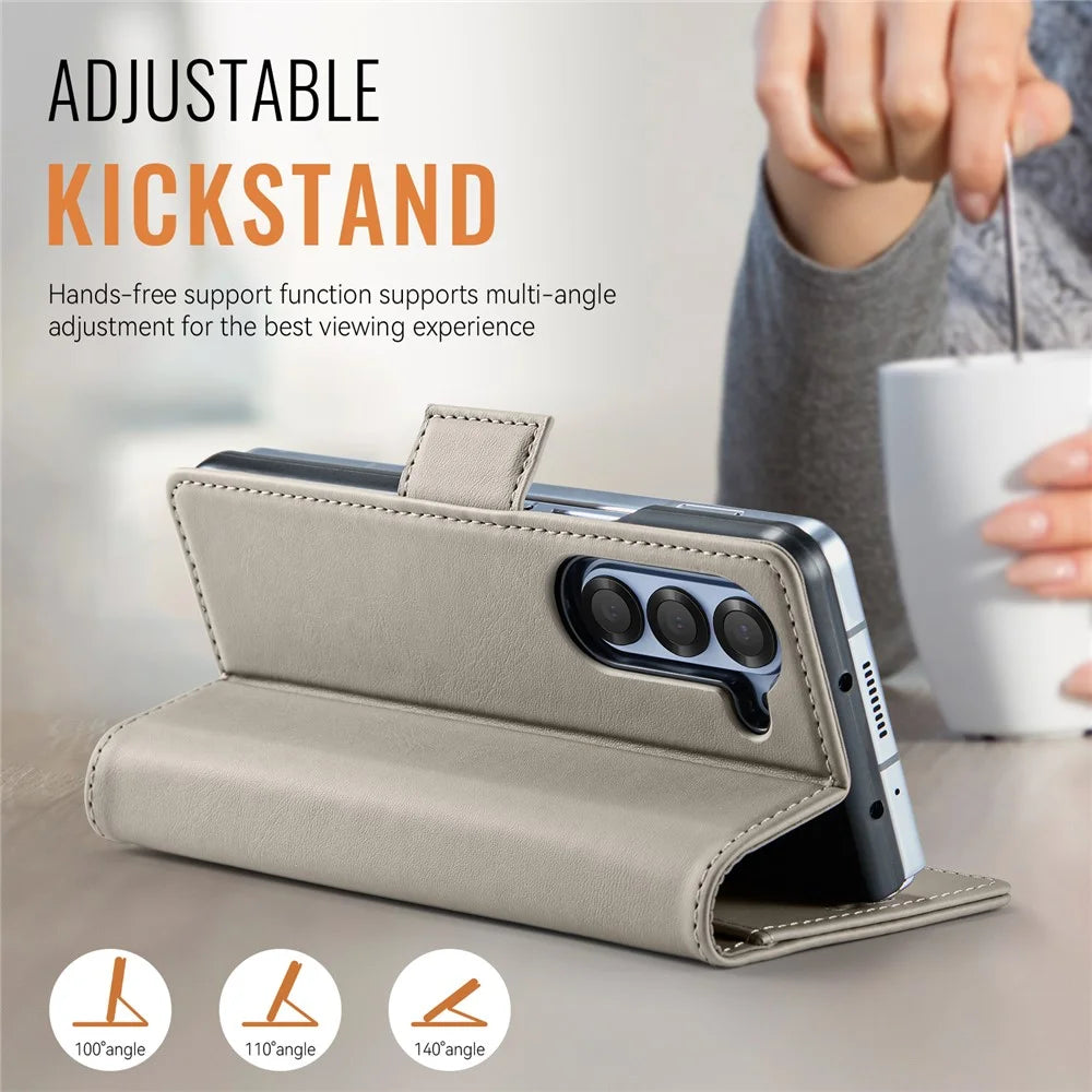 AUTSPACE For Samsung Galaxy Z Fold6 5G Case  A11 RFID Blocking Retro Leather Cell Phone Wallet Cover - Grey - 5