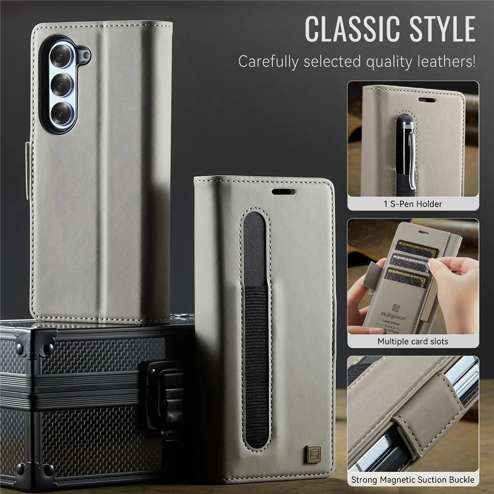 AUTSPACE For Samsung Galaxy Z Fold6 5G Case  A11 RFID Blocking Retro Leather Cell Phone Wallet Cover - Grey - 7