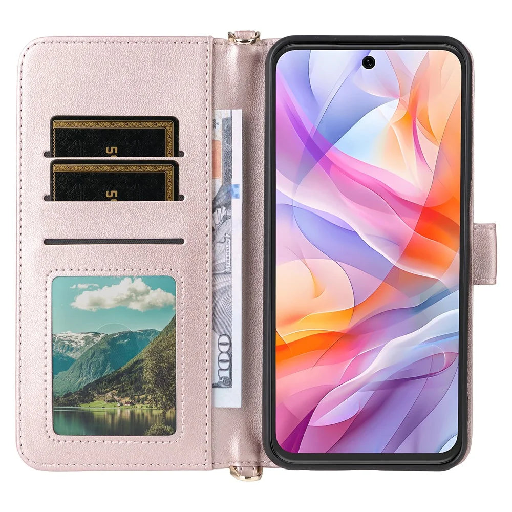 Wallet Phone Case for ZTE Blade V70 Design / Nubia V70 Design / Blade V70 Vita Leather Phone Cover with Shoulder / Wrist Strap - Pink - 3