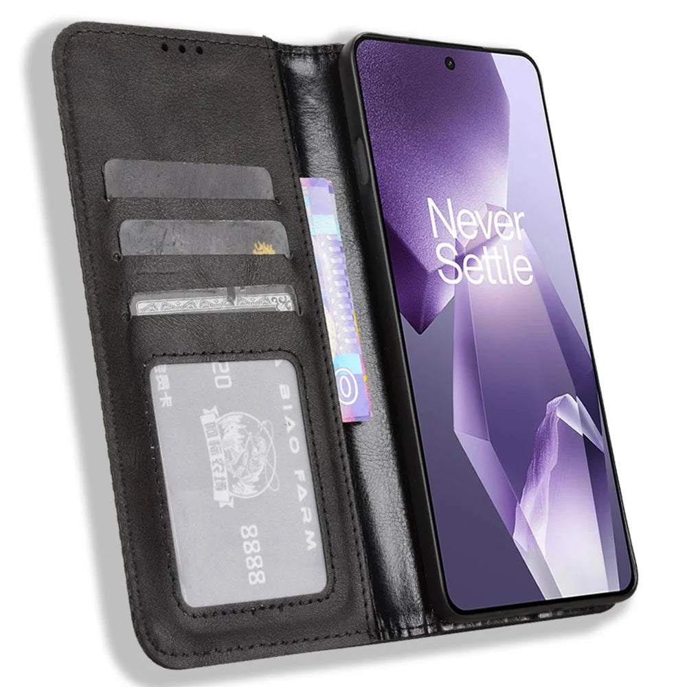 Leather Case for OnePlus 13R 5G / Ace 5 5G / Ace 5 Pro 5G Wallet Stand Retro Texture Phone Cover - Black - 2
