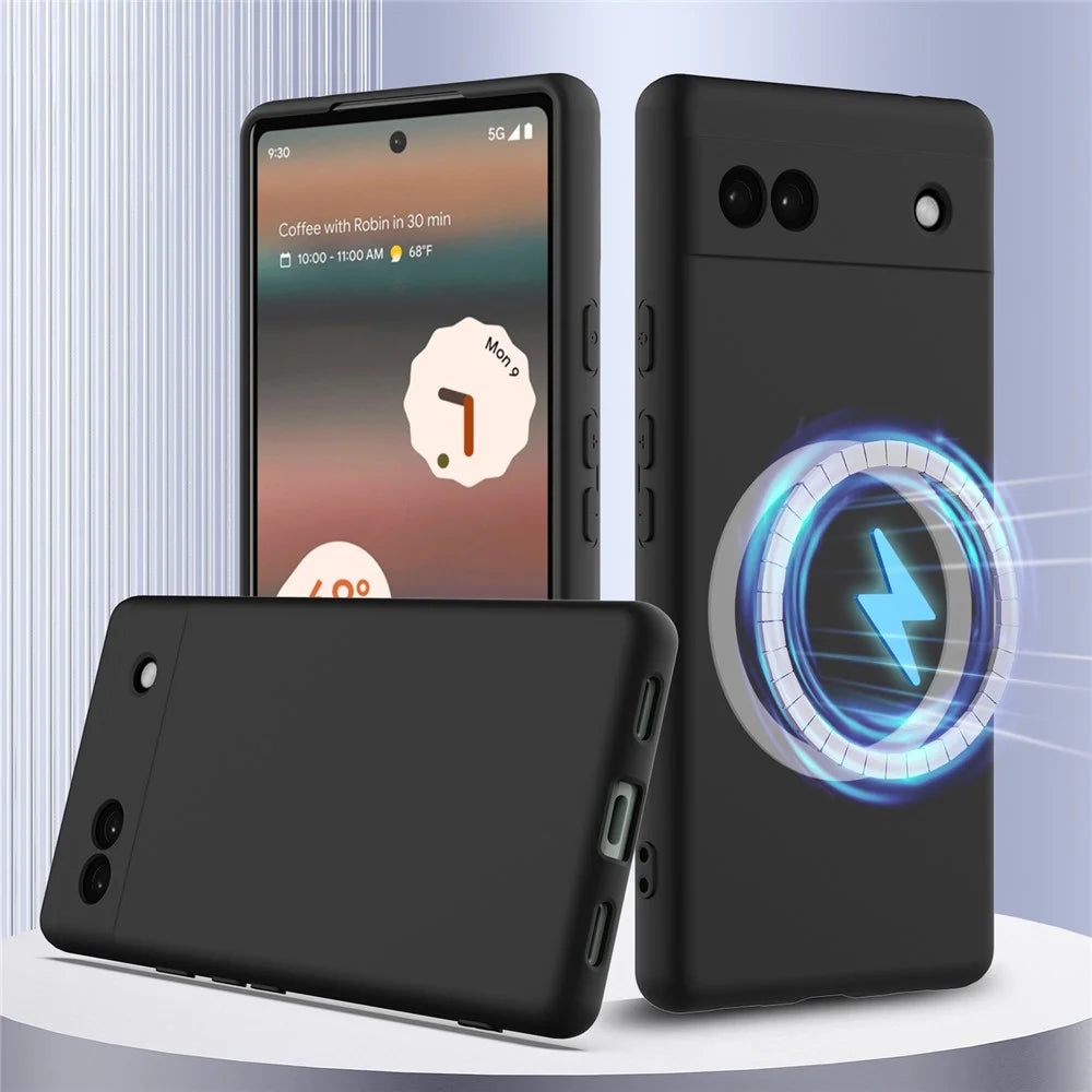 For Google Pixel 6a Magnetic Case Anti-Drop Liquid Silicone Phone Cover - Black - 1