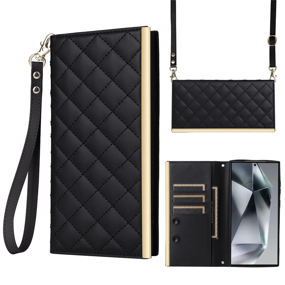 For Samsung Galaxy S25 Ultra Case Suction Cup PU Leather Wallet Phone Cover with Straps - Black - 1