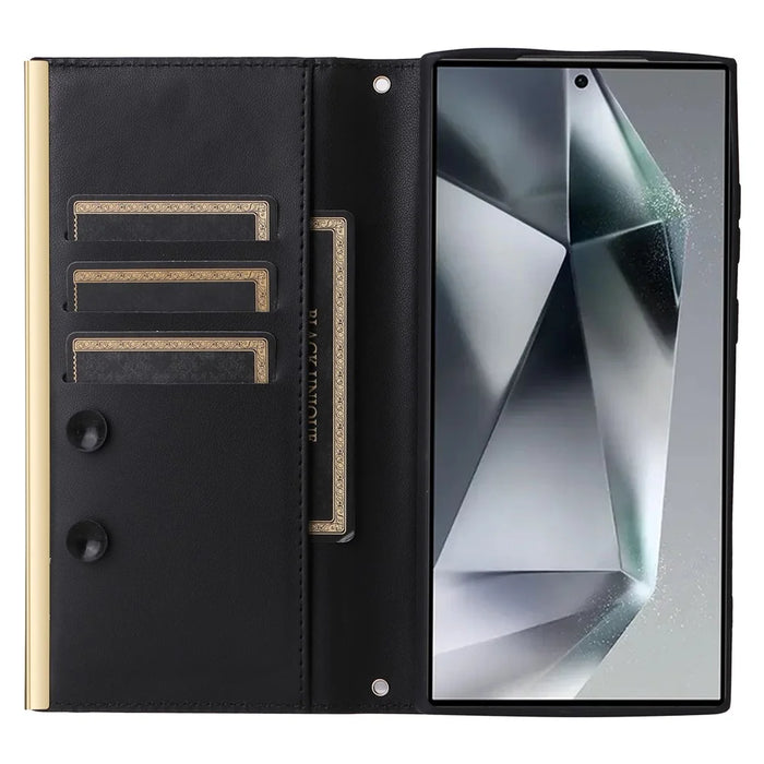 For Samsung Galaxy S25 Ultra Case Suction Cup PU Leather Wallet Phone Cover with Straps - Black - 2