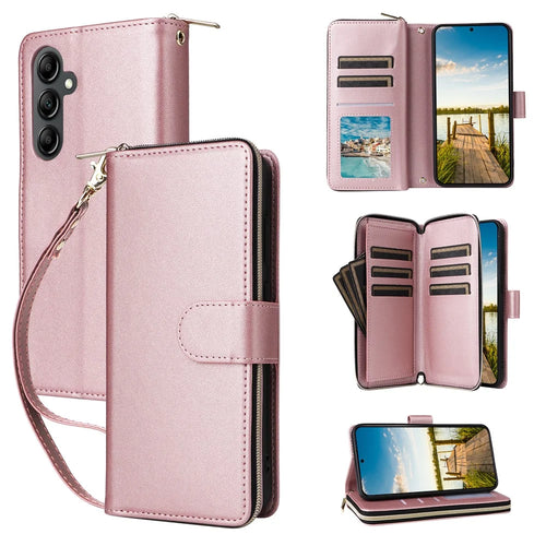 For Samsung Galaxy A26 5G Case Zipper Pocket PU Leather Cover with 9 Card Slots - Rose Gold - 1