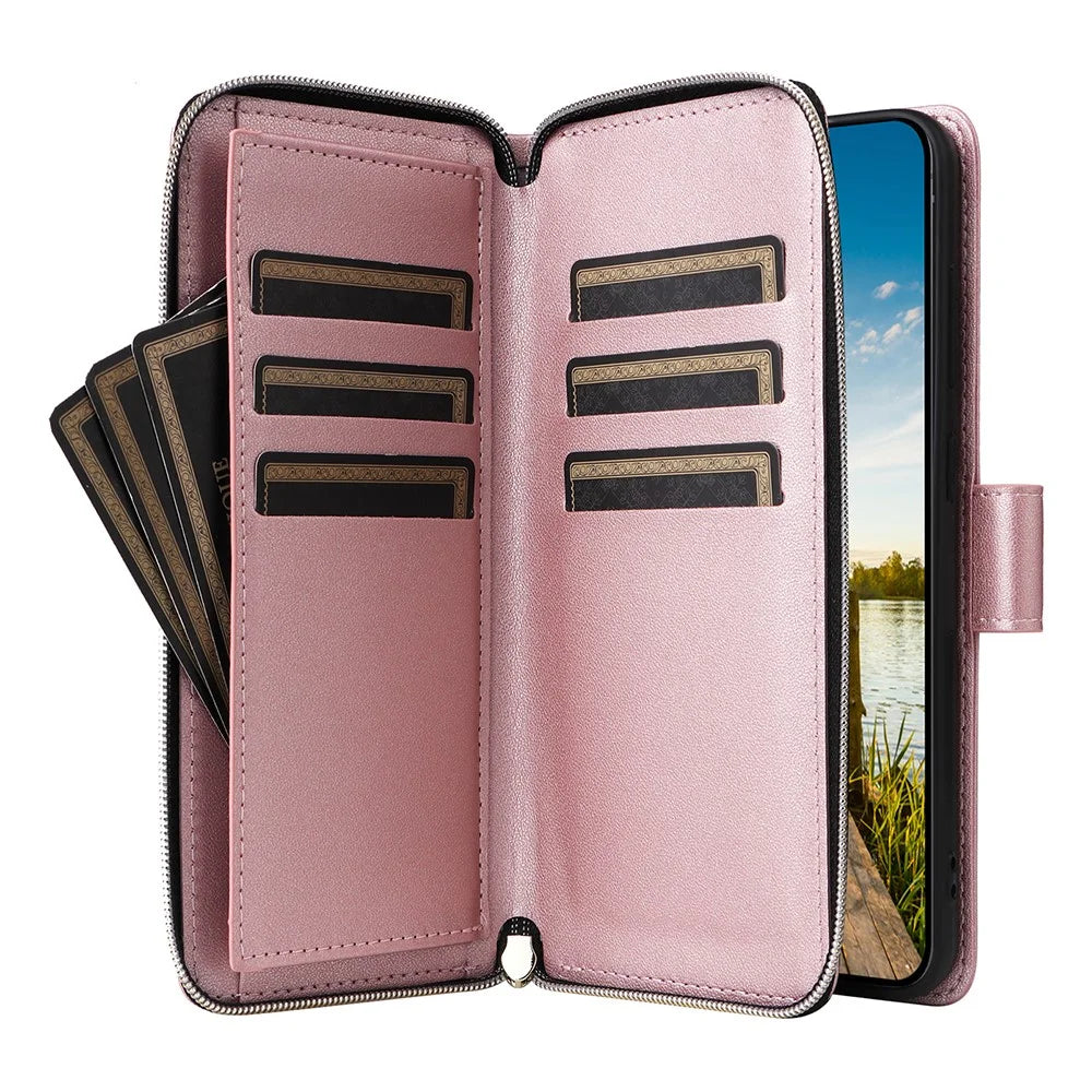 For Samsung Galaxy A26 5G Case Zipper Pocket PU Leather Cover with 9 Card Slots - Rose Gold - 2