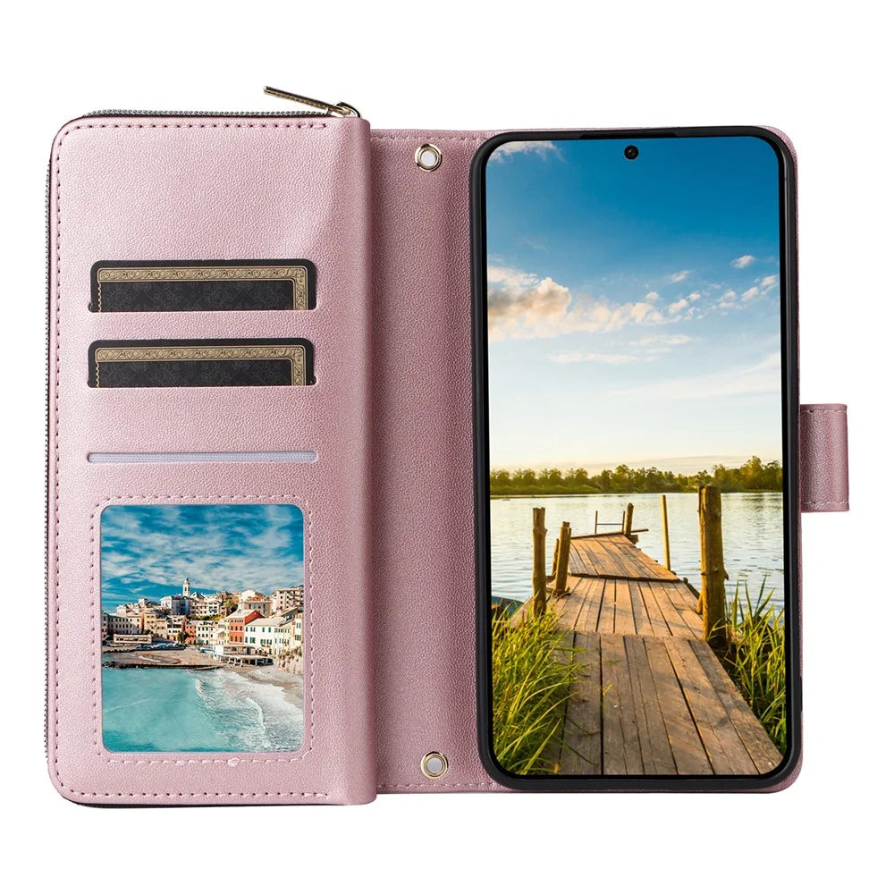 For Samsung Galaxy A26 5G Case Zipper Pocket PU Leather Cover with 9 Card Slots - Rose Gold - 3