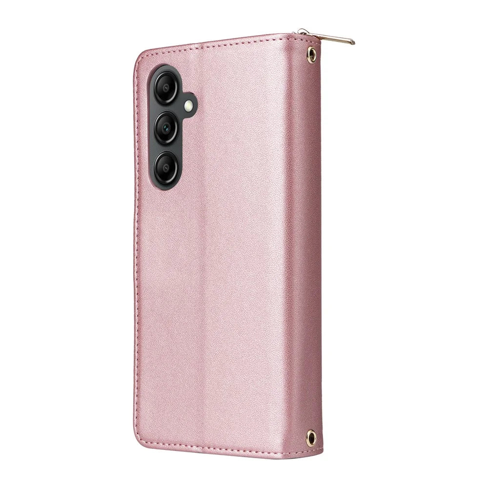 For Samsung Galaxy A26 5G Case Zipper Pocket PU Leather Cover with 9 Card Slots - Rose Gold - 6