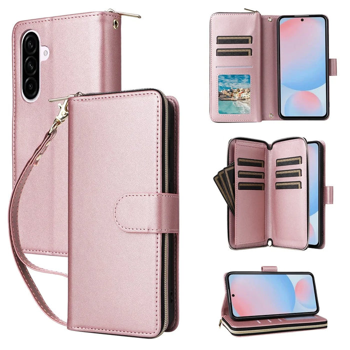 For Samsung Galaxy A56 5G Case Zipper Pocket PU Leather Cover with 9 Card Slots - Rose Gold - 1