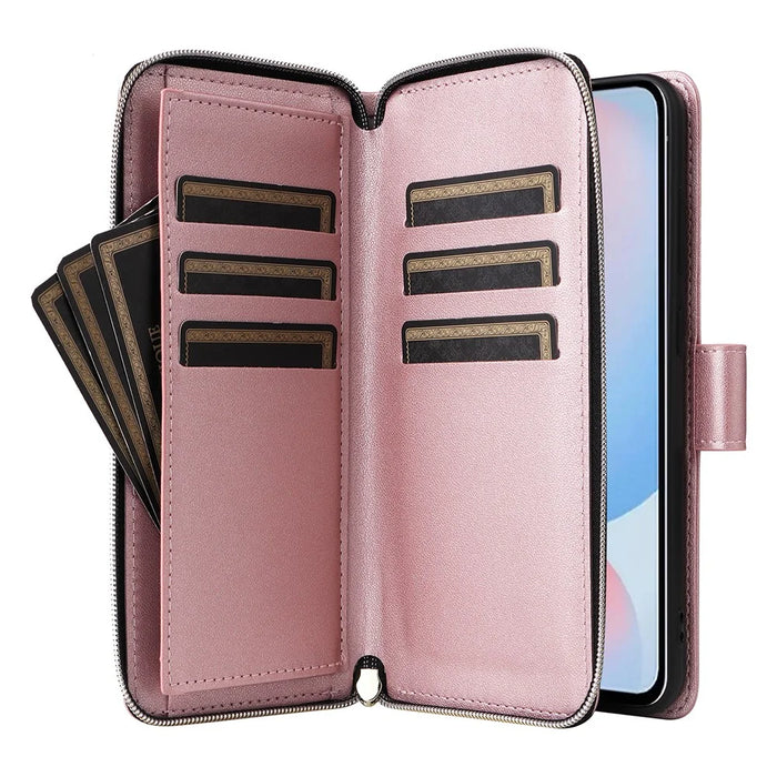 For Samsung Galaxy A56 5G Case Zipper Pocket PU Leather Cover with 9 Card Slots - Rose Gold - 2
