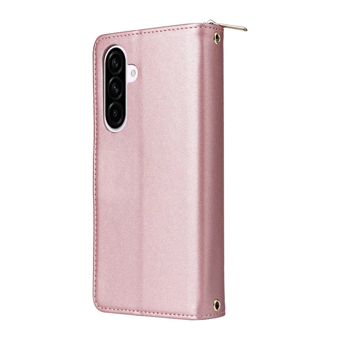For Samsung Galaxy A56 5G Case Zipper Pocket PU Leather Cover with 9 Card Slots - Rose Gold - 6
