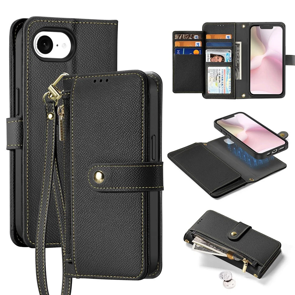 DUX DUCIS Lawa Series For iPhone 17e / 16e Case Detachable Magnetic Cowhide Leather Cover Zipper Wallet - Black - 1