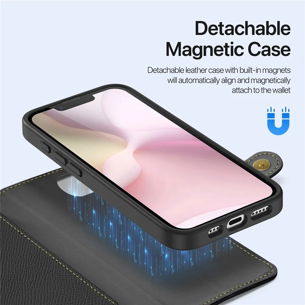 DUX DUCIS Lawa Series For iPhone 17e / 16e Case Detachable Magnetic Cowhide Leather Cover Zipper Wallet - Black - 5
