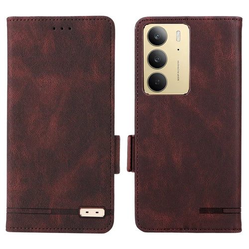 For Realme C75 4G Case Leather Wallet Flip Phone Cover with Hardware Decor - Brown - 1