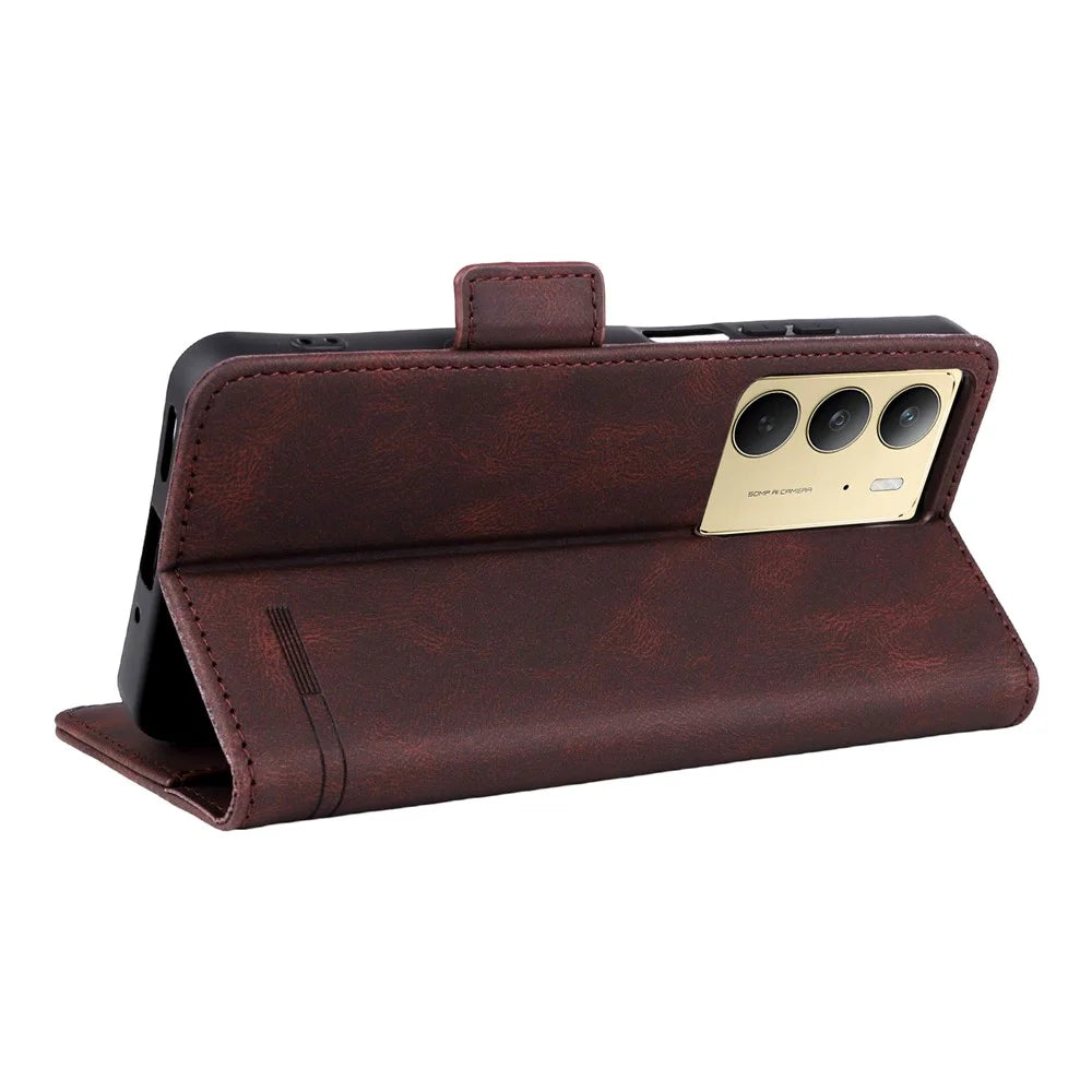 For Realme C75 4G Case Leather Wallet Flip Phone Cover with Hardware Decor - Brown - 4
