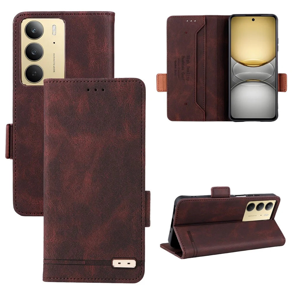 For Realme C75 4G Case Leather Wallet Flip Phone Cover with Hardware Decor - Brown - 6