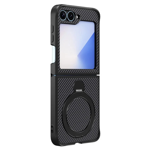 For Samsung Galaxy Z Flip7 FE 5G / Z Flip6 5G / Z Flip5 5G Phone Case with Magnetic Kickstand TPU + PC Carbon Fiber Back Cover - Black - 1