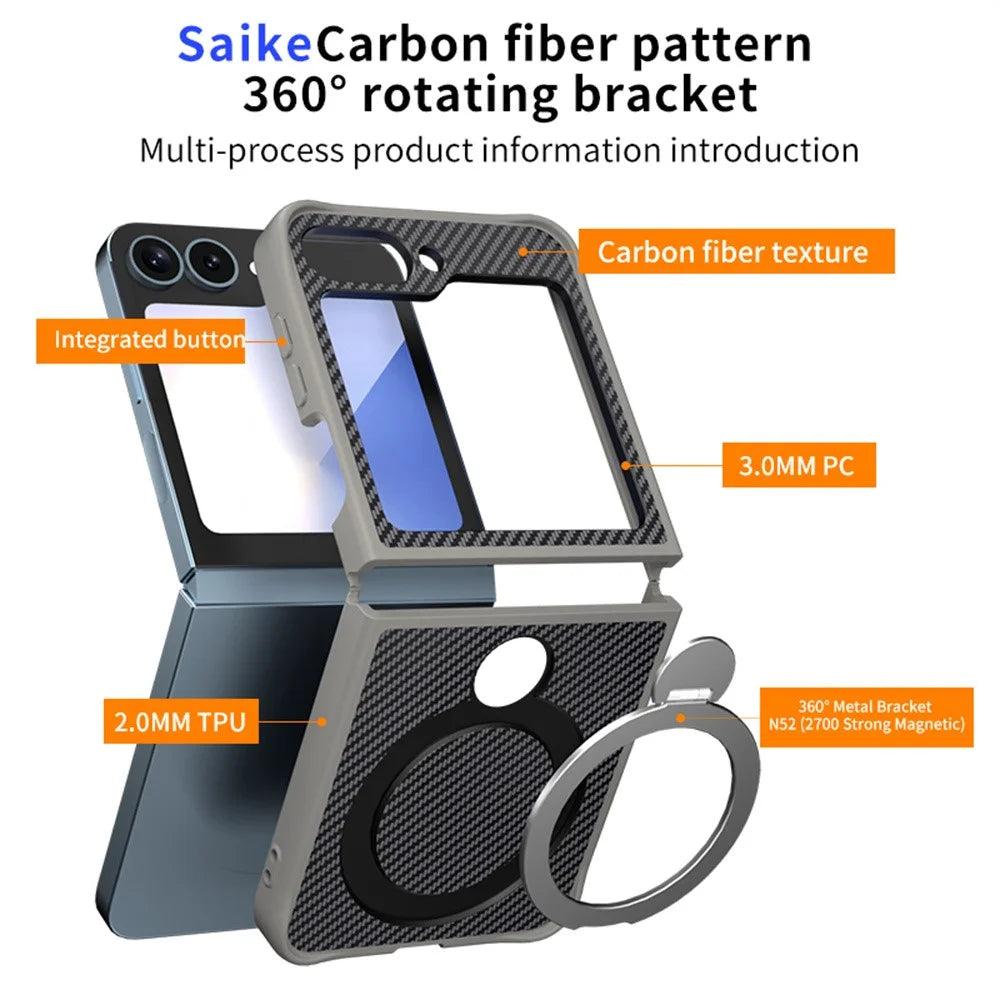 For Samsung Galaxy Z Flip7 FE 5G / Z Flip6 5G / Z Flip5 5G Phone Case with Magnetic Kickstand TPU + PC Carbon Fiber Back Cover - Black - 3