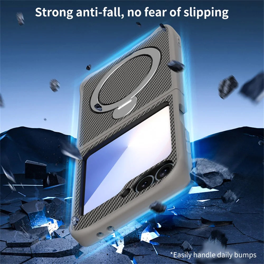 For Samsung Galaxy Z Flip7 FE 5G / Z Flip6 5G / Z Flip5 5G Phone Case with Magnetic Kickstand TPU + PC Carbon Fiber Back Cover - Black - 4