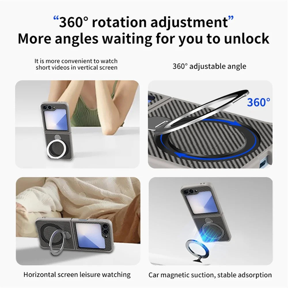 For Samsung Galaxy Z Flip7 FE 5G / Z Flip6 5G / Z Flip5 5G Phone Case with Magnetic Kickstand TPU + PC Carbon Fiber Back Cover - Black - 6