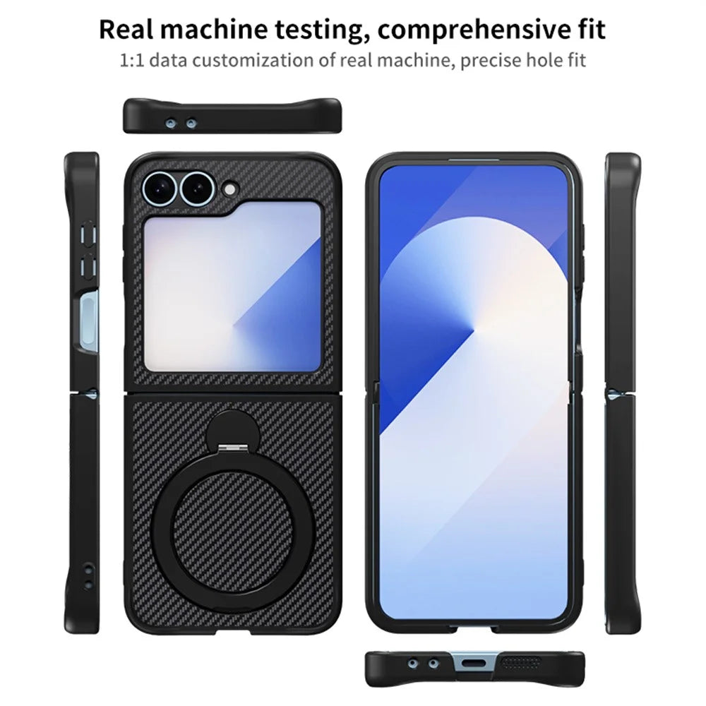 For Samsung Galaxy Z Flip7 FE 5G / Z Flip6 5G / Z Flip5 5G Phone Case with Magnetic Kickstand TPU + PC Carbon Fiber Back Cover - Black - 7