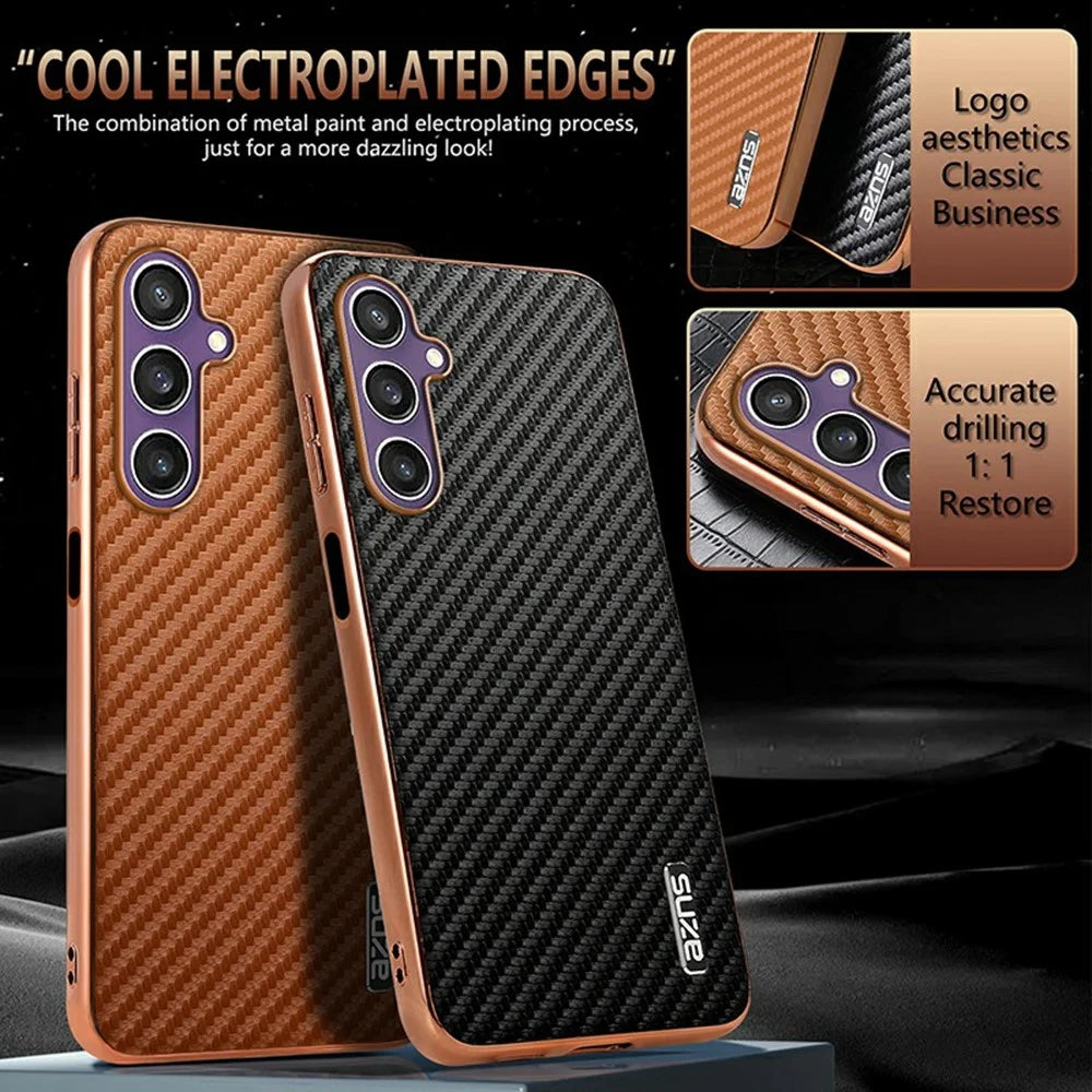 AZNS For Samsung Galaxy A05s 4G  /  M14 4G Case Electroplating Carbon Fiber Texture PU + TPU Phone Cover - Black - 4