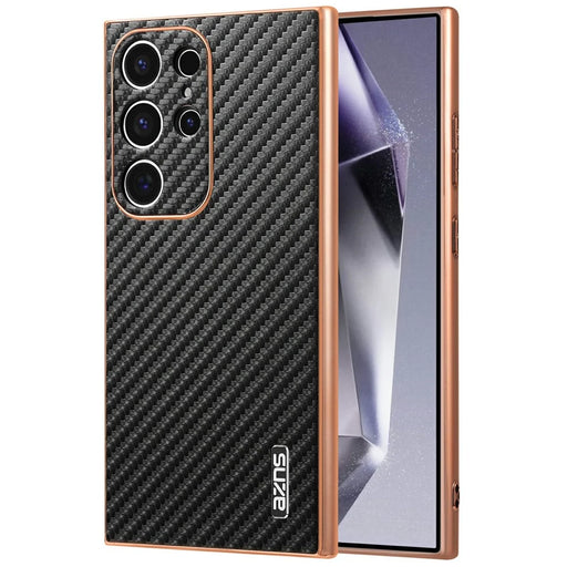 AZNS For Samsung Galaxy S23 Ultra Case Electroplating Carbon Fiber Texture PU + TPU Phone Cover - Black - 1