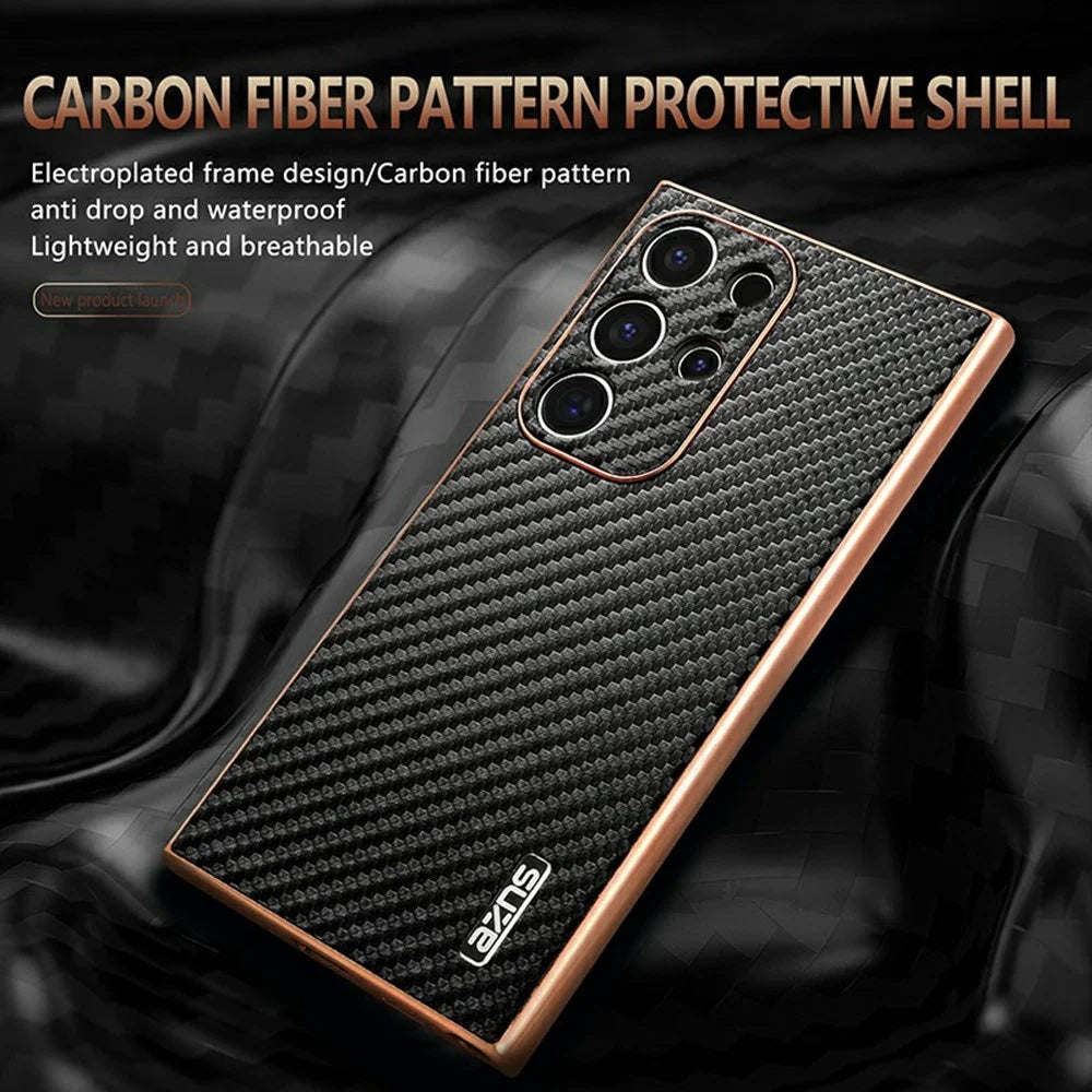 AZNS For Samsung Galaxy S23 Ultra Case Electroplating Carbon Fiber Texture PU + TPU Phone Cover - Black - 3