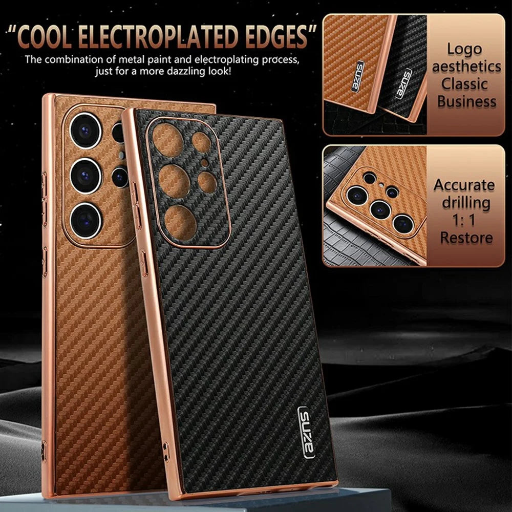 AZNS For Samsung Galaxy S23 Ultra Case Electroplating Carbon Fiber Texture PU + TPU Phone Cover - Black - 4