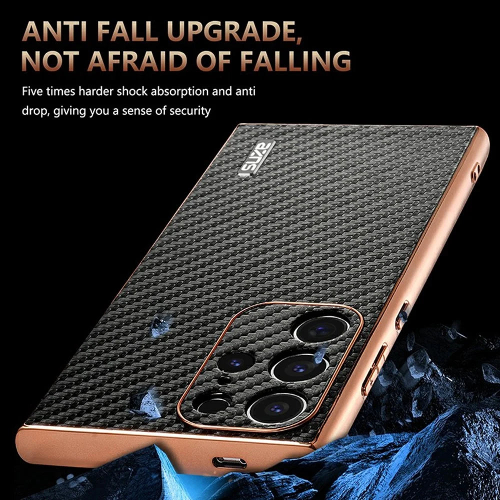 AZNS For Samsung Galaxy S23 Ultra Case Electroplating Carbon Fiber Texture PU + TPU Phone Cover - Black - 5